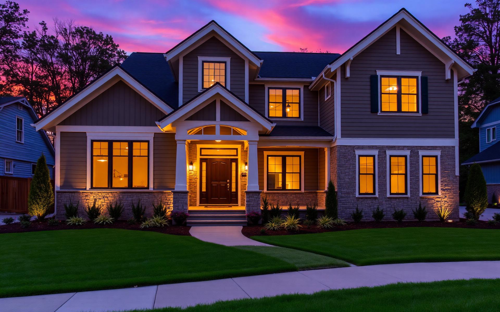 Custom-built craftsman home exterior at dusk